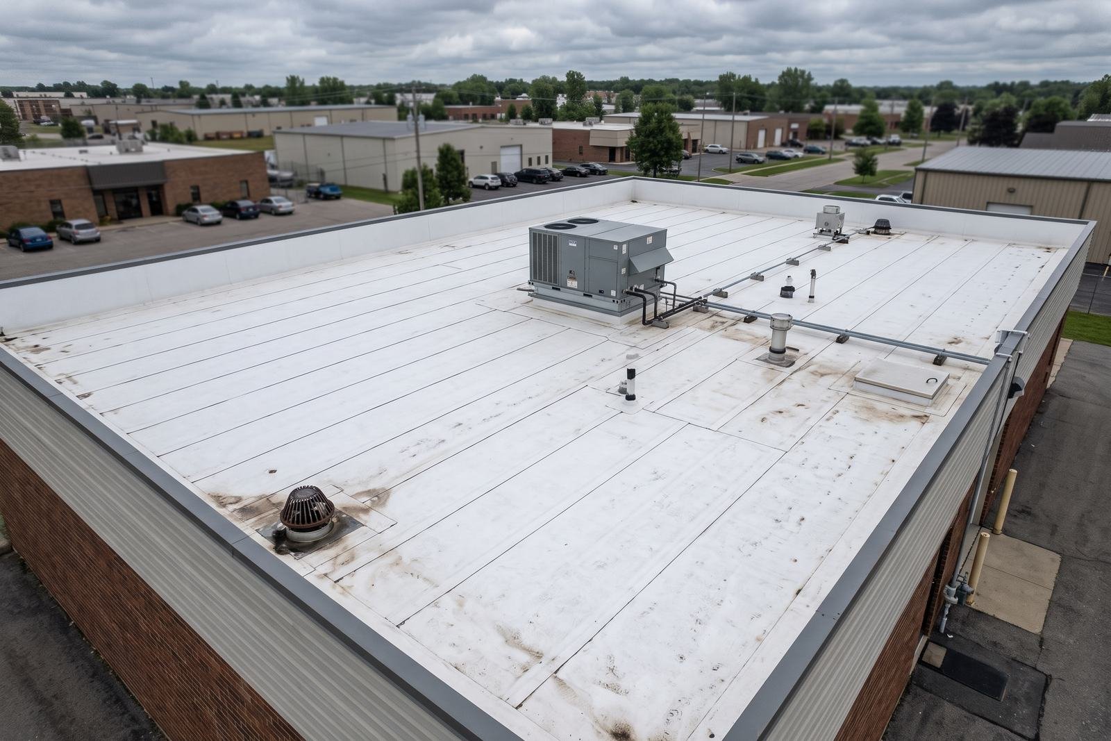 White TPO membrane flat roof with parapet, drain and rooftop unit on a commercial building
