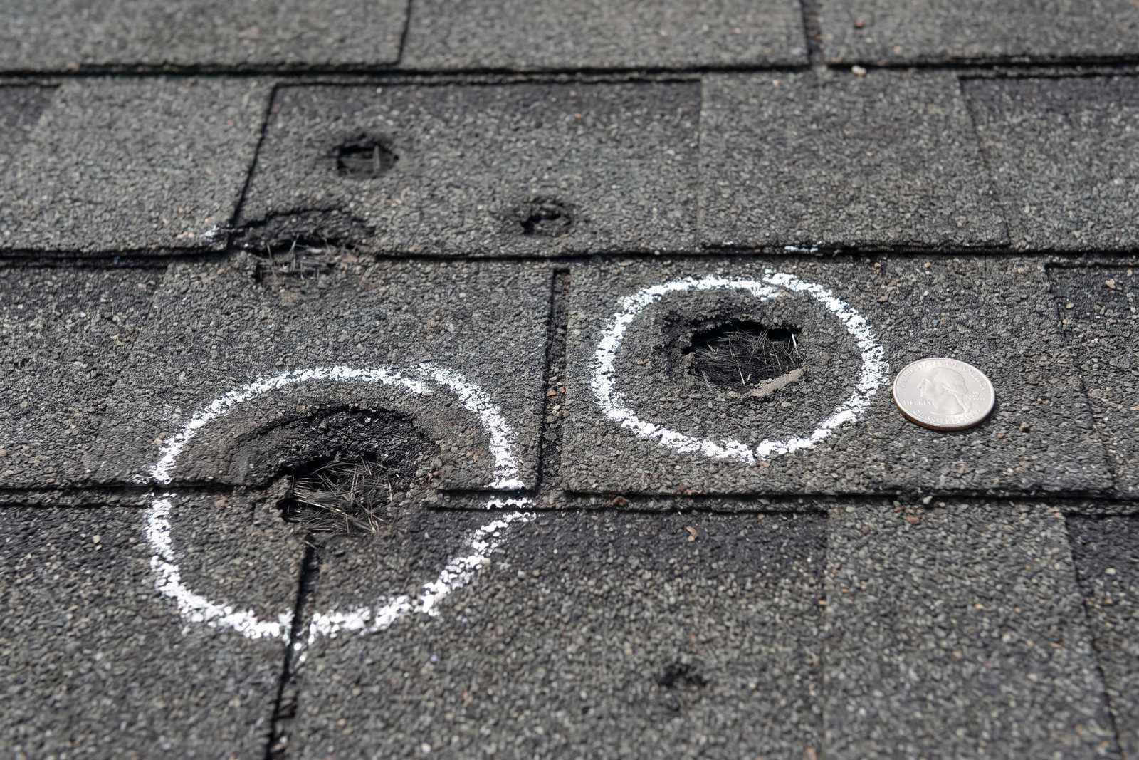 Hail strikes on asphalt shingles circled in chalk with a coin for scale during an inspection
