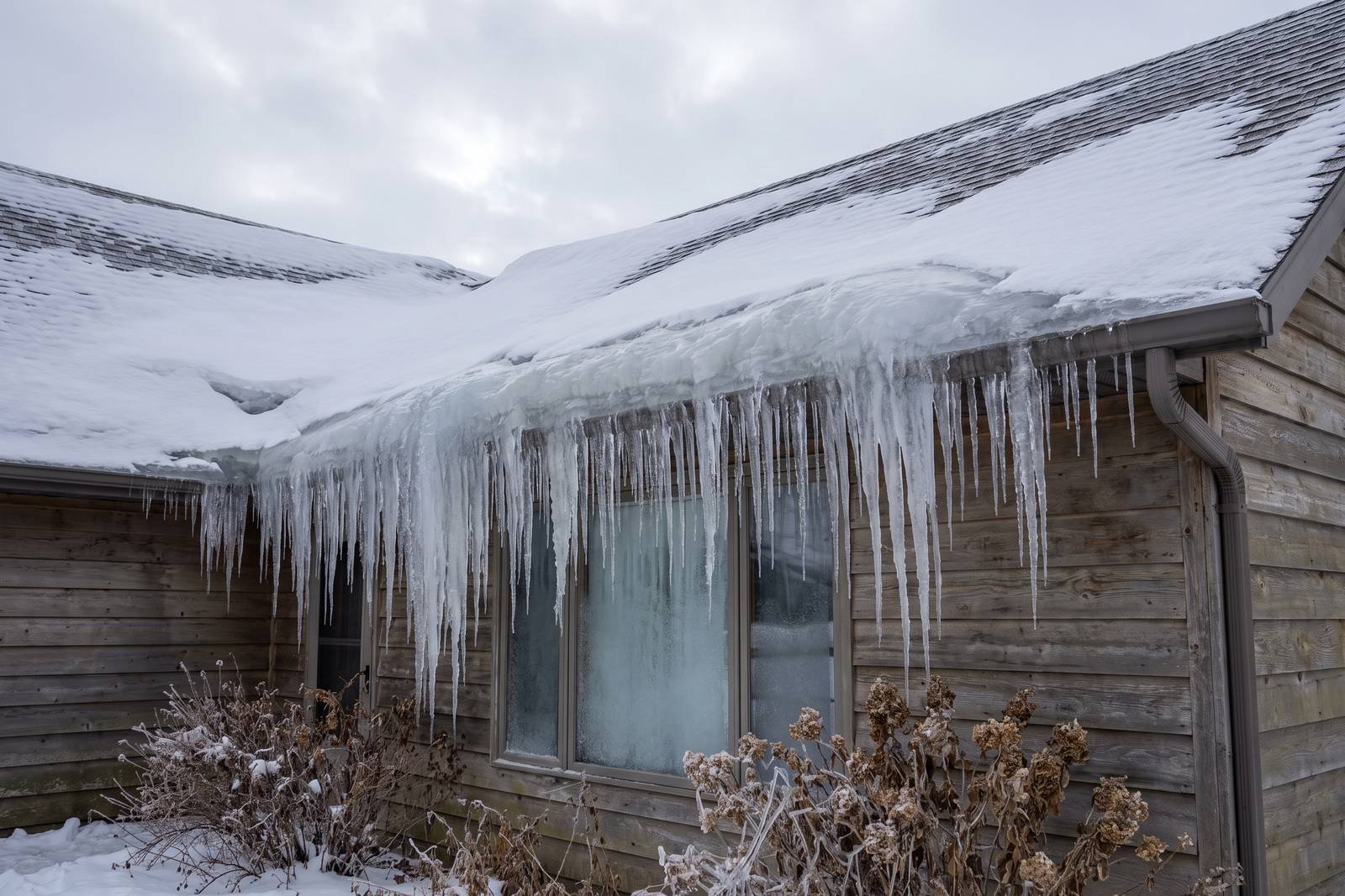 Ice dam and icicles built up along the eave of a snow-covered roof in winter