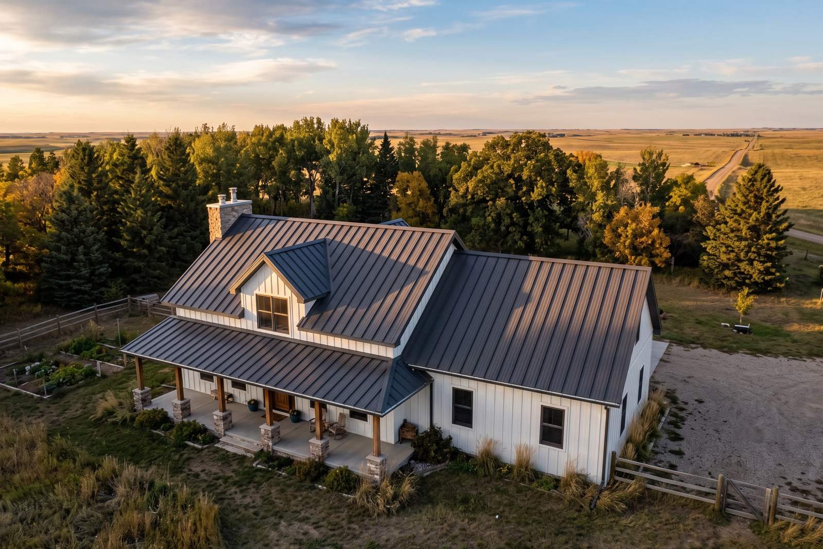 Dark standing seam metal roof on a prairie farmhouse in raking light