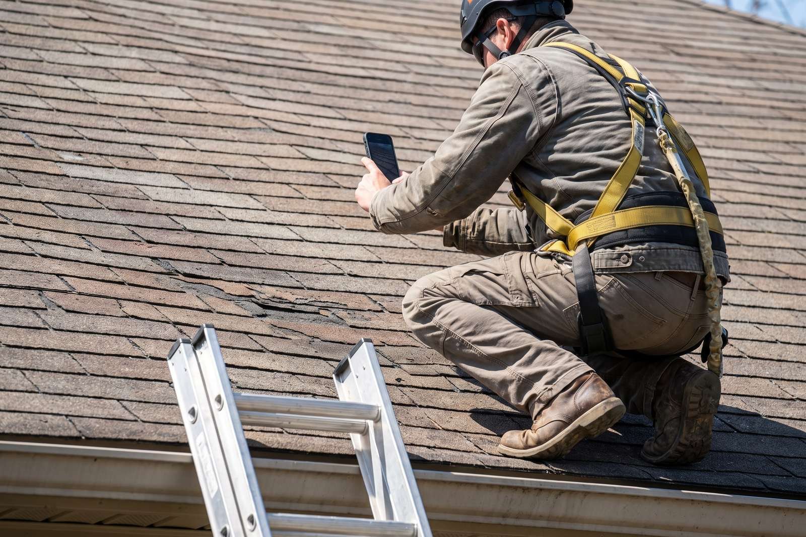 Roof inspector in a safety harness photographing shingles during a roof inspection