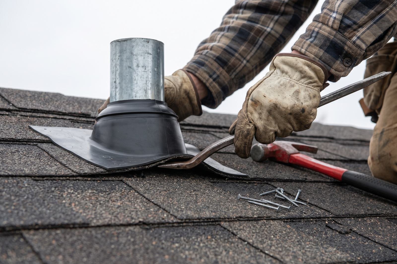 Roofer replacing a pipe boot flashing around a vent pipe on an asphalt shingle roof