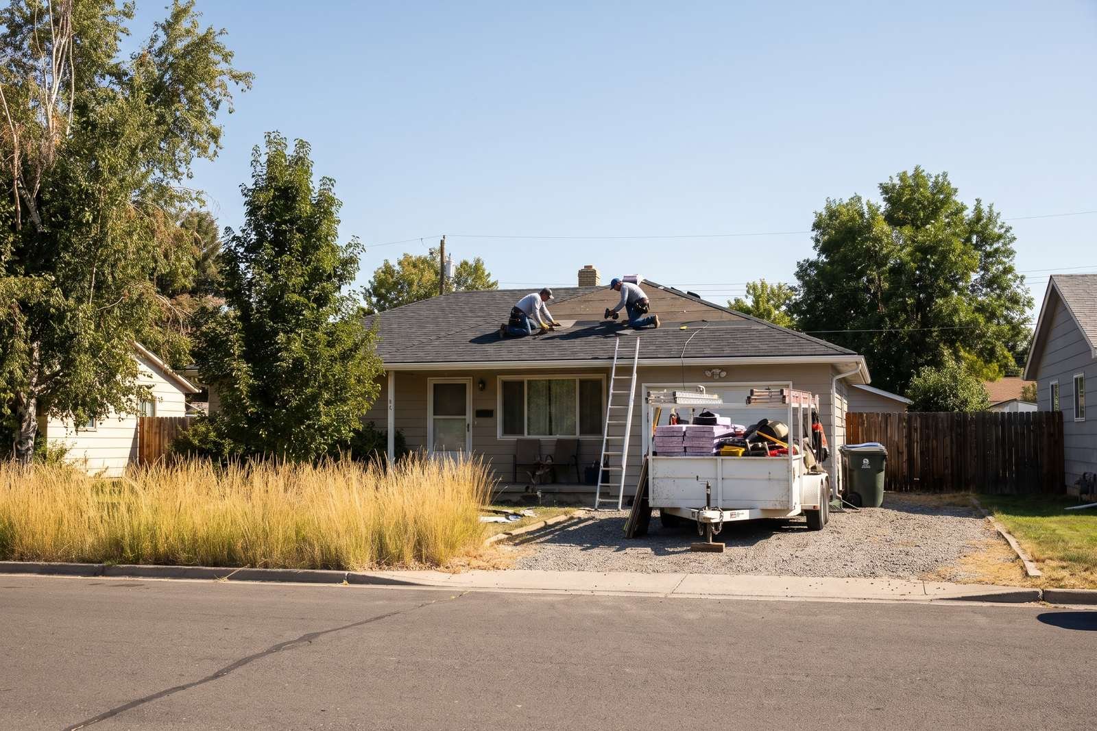Roofing crew laying shingles on a single-story home with a work trailer in the driveway