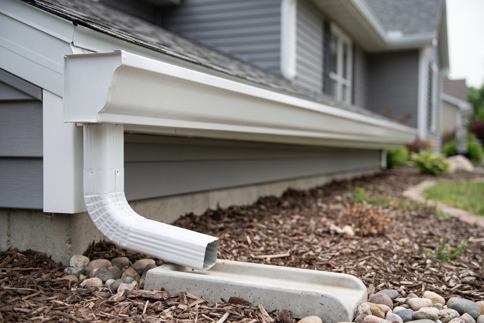 Seamless white aluminum gutter and downspout with extension directing water from the foundation