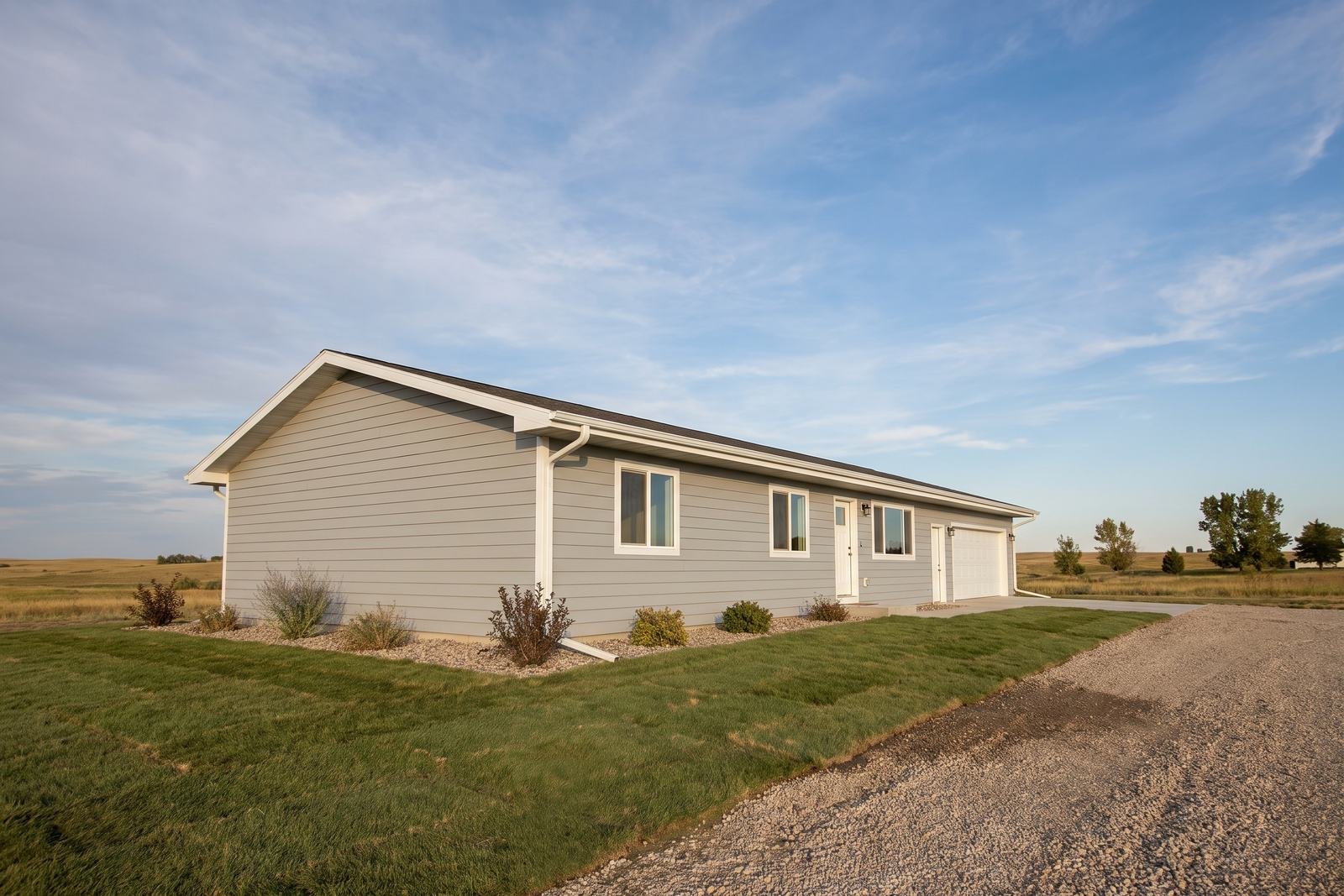 New gray lap siding with white trim on a single-story prairie home